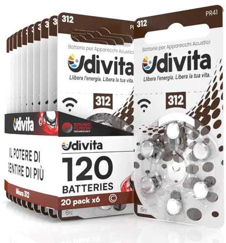 120 Batterie per Apparecchi Acustici Auricolari Udivita Misura 312 PR41 con Tecnologia Phono Pulse - 20 Blister da 6 Pile