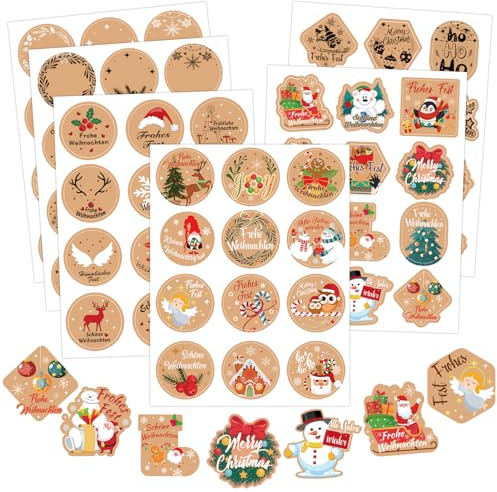DPKOW Weihnachtsaufkleber Weihnachtssticker Selbstklebend, 216 Stk Geschenkaufkleber Weihnachten, Frohe Weihnachten Aufkleber Kraftpapier Etiketten Weihnachtsaufkleber zum Beschriften, Weihnachtsdeko