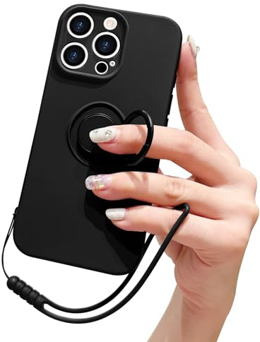 Pepmune Coque pour iPhone 16 Pro Max avec Anneau De Support, Noir | Silicone Liquide Dragonne Amovible, Support Magnétique De Voiture, Coque De Protection Antichoc