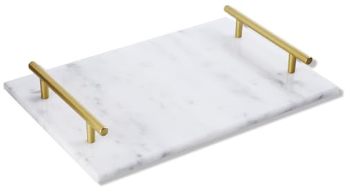 Serviertablett aus Marmor mit Griffe, Rchteckig Marmor Platte, Badezimmer Tablett, Verlobungstablett Deko Tablett Weiß, für Couchtisch, Wohnzimmer, Kücher(30 * 20 * 4 cm)