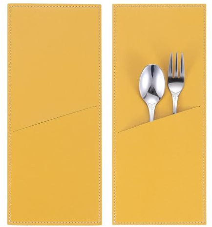 sourcing map 2 fundas de cuero para cubiertos, cubiertos y cubiertos, para cuchillos y tenedores, fundas de almacenamiento para mesa de comedor, hogar, cocina, decoración de mesa, color amarillo