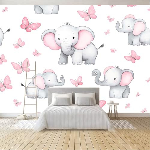 Fototapete 250 x 175 cm Elefant Aquarell Schmetterling Tapeten Vliestapete, Modern Wandtapete für Wohnzimmer Schlafzimmer TV Hintergrund Kinderzimmer Büro Wanddeko Motivtapeten Grau Rosa