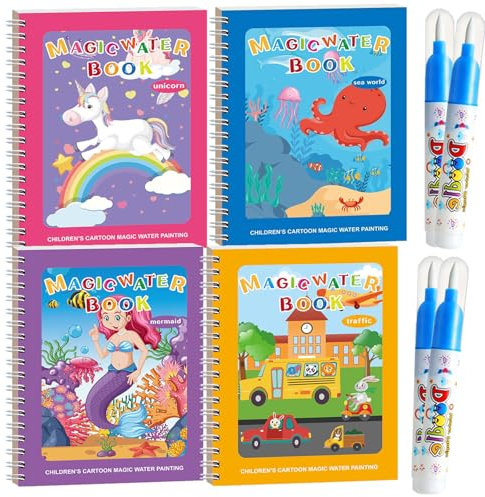 Altaroo 4 Stück Wassermalbuch, Wasser Malbuch mit Wasserstifte mit 4 Stück Wasserstift, Magic Malbuch mit Wasserstift, Wasserzauber Malbuch, Water Reveal Aktivitätsbücher