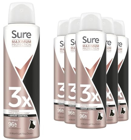 Sure Maximum Protection Anti Perspirant Deodorant Spray Inivisible, Pack of 6, Deodorant for Women 96-Hour Odour and Sweat Protection with Anti-White Mark and Yellow Stain Formula, 150ml
