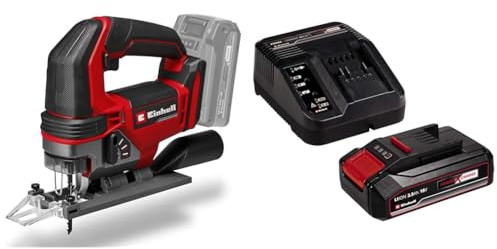 Einhell Scie sauteuse sans fil TE-JS 18/100 Li-Solo Power X-Change (18 V, profondeur de coupe 100 mm bois, hauteur de course 26 mm, coupes en biais jusqu’à 45° + lame) avec Chargeur et Batterie 2,5Ah
