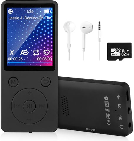 Lettore MP3 con Bluetooth 5.2, 32GB Memoria, Schermo da 1,8 Pollici, Lettore Musicale MP3 Portatile con Funzione Video, Radio FM, E-book, Registratore Vocale e Altoparlante Integrato