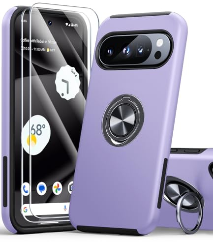 AOUIA för Google Pixel 10/10 Pro fodral med 2 stycken skyddsglas, 3-i-1 skyddsfodral, 360°-ringstativ, reptåligt stötsäkert mobiltelefonfodral för pixlar 10/pixlar 10 Pro, violer