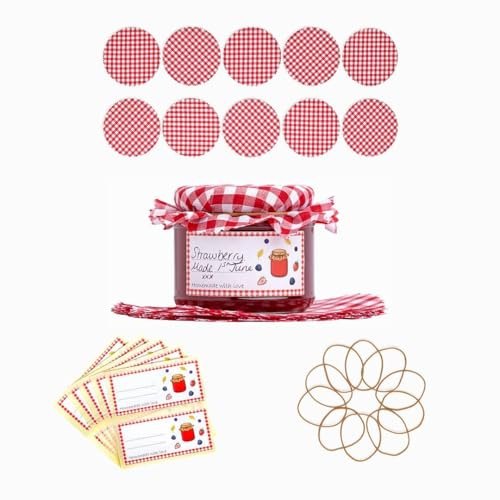 Helen's Own Jar Decoration Kit 20-Pack of: Doilies, Labels, Rubber Bands | Red Fabric Gingham Doilies, Adhesive write-on Labels, Elastic Bands for Jars of preserves, fruit, canning, jams, accessories