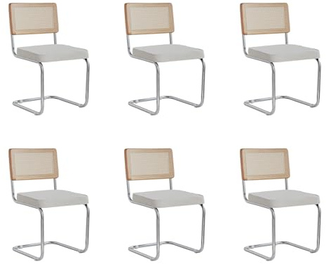 GrandCA HOME Modernes 6er-Set Esszimmerstühlen mit Rückenlehne aus Natürlichem Rohrgeflecht und Gestell aus Rostfreiem Chrom, Gepolsterte Rattan-Küchenstühle,Weiß