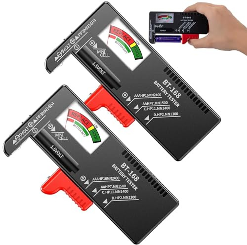 Juego de 2 Comprobador de Pilas,Probador de la Batería,Probador Universal de Batería para pilas AA AAA C D 9V 1.5V y Célula del Botón (Negro 2)
