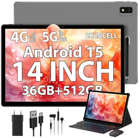 PIXGOOD 2K Android 15 Tablet 14 Pouces, 36GB RAM, 512GB ROM (2TB Expansion), 4G SIM LTE & 5G WiFi, 2000 * 1200FHD, 11580mAh, Octa-Core, 13MP+8MP, Tablette avec Clavier/GPS/Bluet 5.0 (Gris)