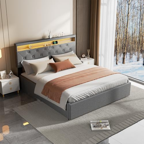 Oyajia Polsterbett, 140 X 200 cm, Beleuchtung, 2,4-Ghz-Fernbedienung (Inkl. Akku) Bettgestell Bed Frame Bett Gestell Schlafzimmer Set Jugendbetten Bettrahmen