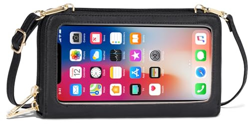 Toptime Handytasche zum Umhängen, Touchscreen Fenster Kleine Umhängetasche Damen mit 6 Kartenfächer, RFID Schutz Handy Umhängetasche mit 2 Abnehmbaren Riemen, Schwarz Leder Handtasche Damen für Reise