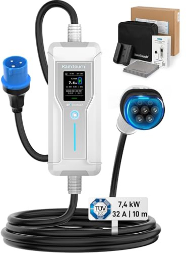 RamTouch Caricatore Auto Elettrica (7,4 kW, 6 A - 32 A, 10 m, IP67) | CEE 32A a Tipo 2 | Cavo Ricarica Modo 2 con Display, Avvio Ritardato, Timer, RCD CA/CC, Wallbox Portatile per Veicoli EV e PHEV