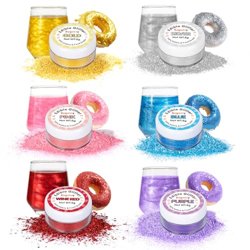 Essbares Glitzer Set,6 Farben,lebensmittelechter Schimmerstaub für Getränke | Backdekorationen für Kuchen, Plätzchen, Donuts,Cupcake,Getränke, Cocktails, Cupcake-Topper und saisonale Festtags-Desserts