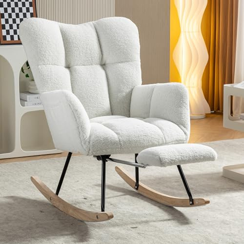 DRIXNO Schaukelstuhl mit Fußstütze, Gemütlicher Teddy Stillsessel zum Stillen, Moderner Schwingsessel, Bequem Lesesessel Holz für Wohnzimmer Schlafzimmer, Stillsessel für Babyzimmer, Weiß