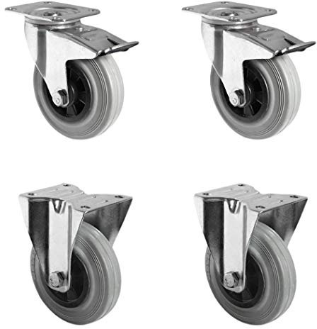 CASCOO SETTPFP200P4R2R0N Rollensatz 2 Lenkrollen mit Feststeller, 2 Bockrollen, Polypropylen, Vollgummi, Durchmesser 200 mm, Transportrollen, Rollenlager,Traglast 615 kg (4-er Pack)