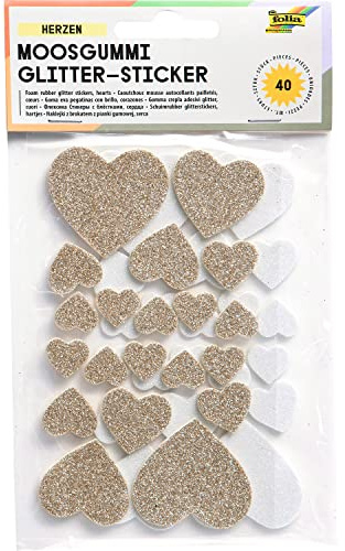 Moosgummi Glitter Sticker, Herzen, weiß und gold sortiert in verschiedenen Größen, 40 Stück