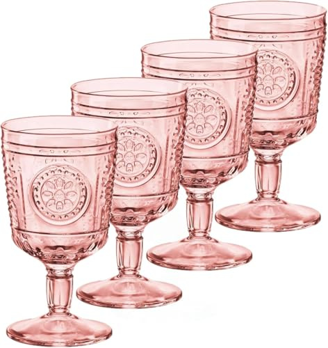 Bormioli Rocco Romantic Set Of 4 Stemware Glasses, 10.75 Oz. Colored Crystal Glass, Cotton Candy Pink, Made In Italy.