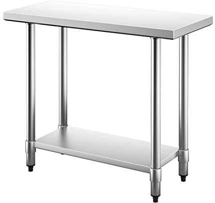COSTWAY Tavolo da Lavoro in Acciaio Inox 91,5 x 61 x 90 cm Professionale, Bancone in Acciaio con Ripiano Regolabile, Mobile con Piano di Lavoro Preparazione di Alimenti, per Cucina e Ristorante