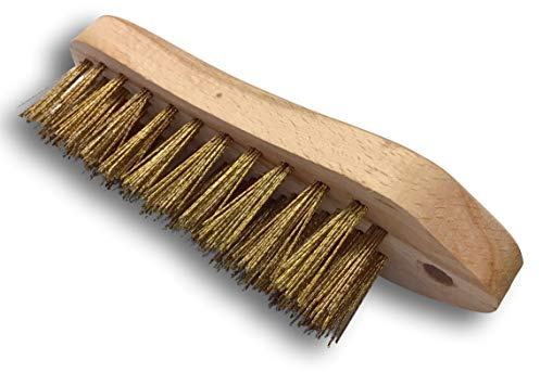 Brosse à main métallique à main professionnelle type violon | 5 rangs fils souples | Acier rond laitonné | Monture bois | Sortie du fil 35 mm | 21 * 6 cm | Kibros 7025