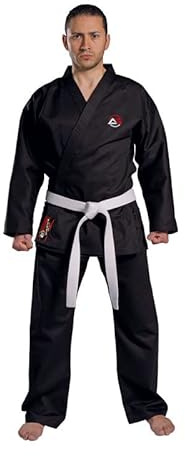 Athletics Gear Karate Anzug Uniform Gi Kit mit Gürtel | Polyester Baumwollmischung, geringes Gewicht, für Kinder, Herren & Frauen (Schwarz, 1/140 cm)