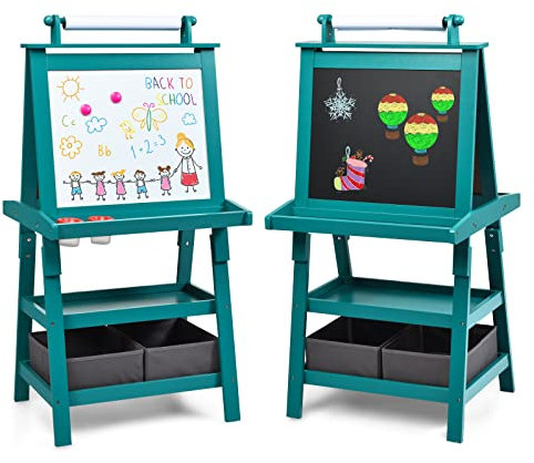RELAX4LIFE Chevalet pour Enfants 3 en 1 avec Plateau Double Faces Noir et Blanc avec 2 Étagère de Rangement, Tableau Magnétique avec Accessoires Complets, 59X50X117 CM, Marron/Vert/Gris (Bleu-vert)