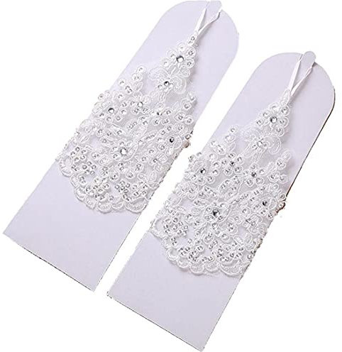 Casiler Brauthandschuhe Kurze Weiße Spitze Frauen Fingerlose Handschuhe Hochzeitszubehör, Einheitsgröße
