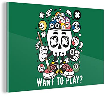 MuchoWow Glasbild Glasfoto Wandbild Bilder Deko 120x80 cm Billard - Totenkopf - Vintage
