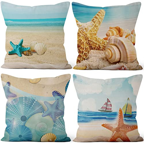 Aoihrraan 41x41cm 4er Set Strand Am Meer Dekorativ Kissenbezug Meer Küsten Hülse Seestern Muschel Quadratische Dekokissen Aus Leinen Sommer Couchkissen Für Wohnzimmer Bett Draussen Garten Sofá