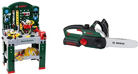 Theo Klein 8513 Bosch Work-Station, mit Auto und schutzzubehör (Mail-Order) & 8399 Bosch Kettensäge | Originalgetreue, kindgerechte Nachbildung | Batteriebetriebene Säge mit Licht- und Soundeffekten