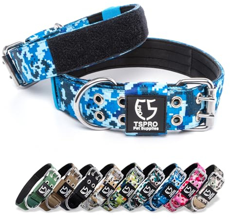TSPRO Taktisches Hundehalsband mit Klettpanel für Große & Extra Große Hunde | Schwerlastiges 3,8 cm Breites Polyesterband, Verstellbares mit Robuster Metallschnalle & Metall-D-Ring, Camo Blau L/XL