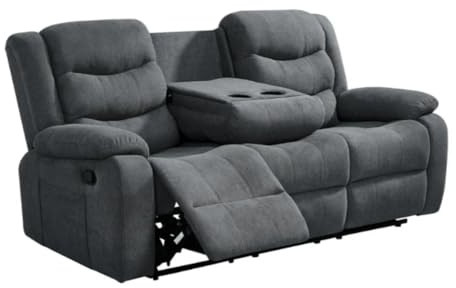 sleepkings Bellagio 3 Seater Recliner Sofa Grey Fabric, Manual Reclining Sofa with Cup Holders Console, Modern Living Room 3 Seater Recliner Couch