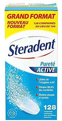 STERADENT - Comprimés Nettoyants Pureté Active pour une Hygiène Dentaire Impeccable - Boîte de 128 unités - Lot De 3 - Vendu Par Lot