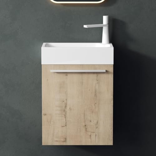 Mai & Mai Badmöbelset Kleiner Waschbeckenunterschrank mit Waschschbecken | 46 cm, Unterschrank in Eiche Greige, aus Mineralguss und Spiegel für Gäste-WC,Pisa
