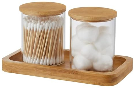 VKTY Lot de 2 porte-cotons-tiges en verre de 283,5 g pour salle de bain avec couvercle en bambou