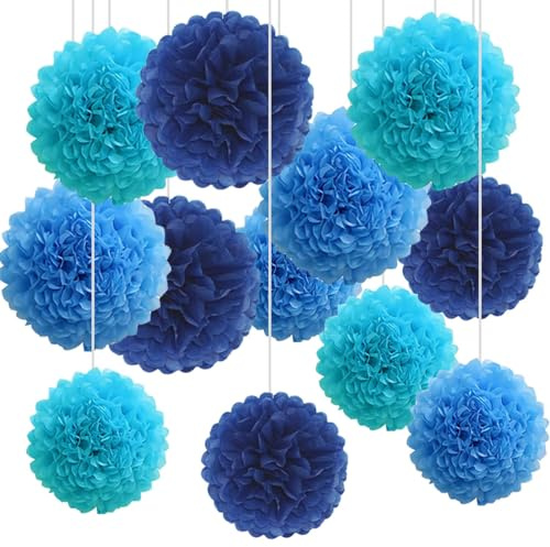 12 Stück Blau Seidenpapier Pompons,Papier Pom Poms Seidenpompons für Party Deko(Marineblau,Hellblau,Blau)