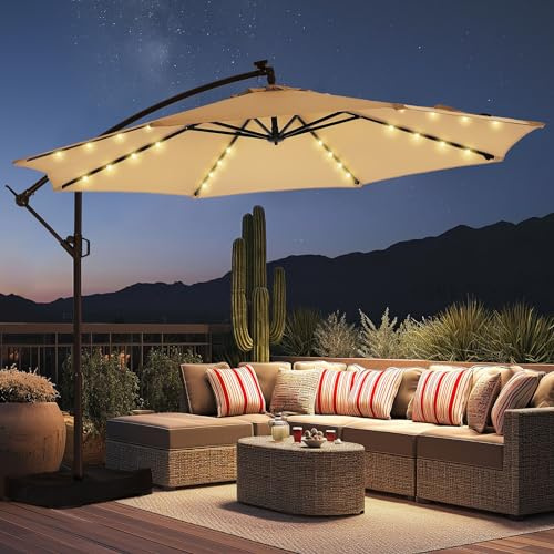 HOMSHADE 10ft Solar Lights Offset Cantilever Patio Umbrella - with Light and Base, LED Lighted Offset Hanging Patio Outdoor Market Umbrella UPF50+ UV Protection with Easy Tilt and Crank (Beige)