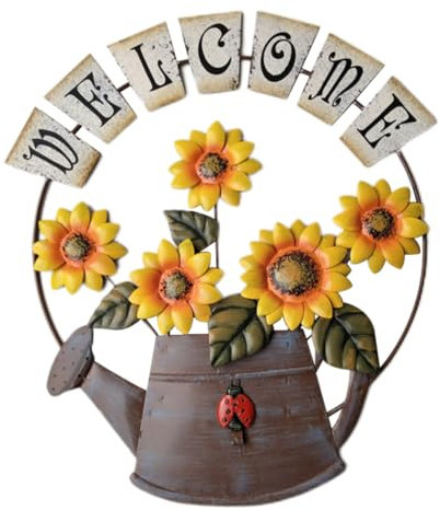 Hintyne Willkommens Hängeschild Eisen Sonnenblumen Willkommensschild Mit Gießkanne Metall Sonnenblumen Wandkunst Für Heimdekoration Gelb