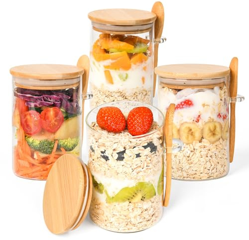 Overnight Oats Containers with Lids,4 Pack 18oz Overnight Oats Jars with Spoons,Salad Meal Prep Jar with Bamboo Lids for Chia Seed Pudding Salad Cereal Coffee Flour,Sourdough Starter Jar for Bread