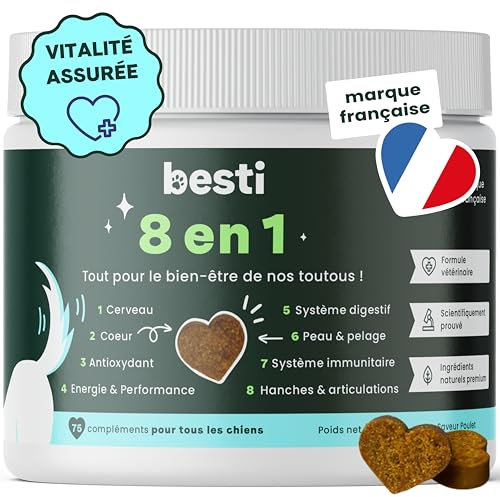 BESTI - 8 en 1 | 75 Compléments Alimentaires Premium Multi-VIT pour Chiens | Vitalité, Probiotiques, Articulations, Pelage, Coeur, Cerveau | Marque Française - Formule Vétérinaire | Au Poulet | 300gr