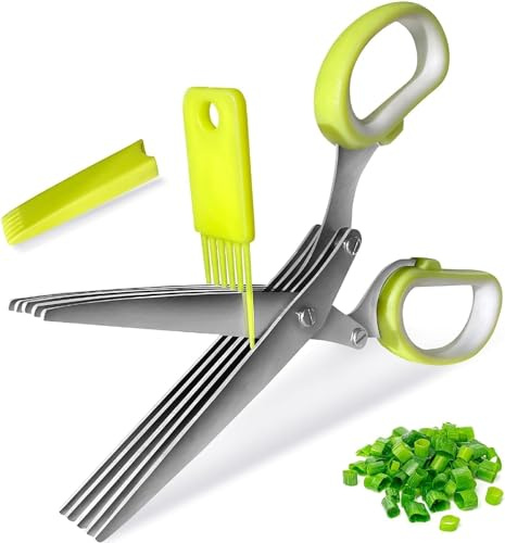 Herb Scissors, Shallot Scissors, Multipurpose 5 Blade Kitchen Herb Shears, Herb Cutter with Safety Cover and Cleaning Comb for Chopping Shallot Basil Chive Parsley