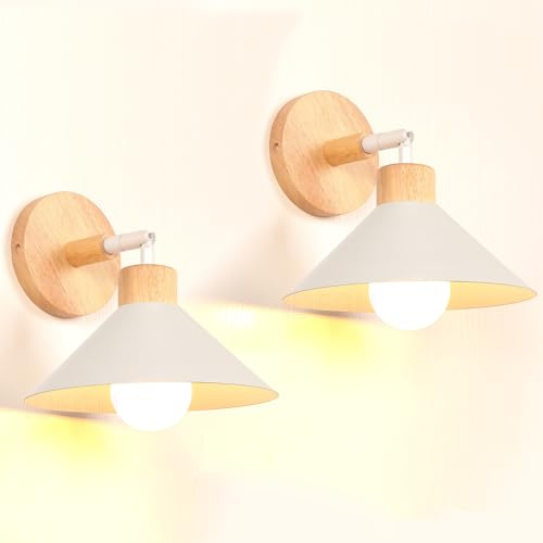 iDEGU 2 Stück Wandleuchten für Innen, Verstellbar Wandlampe aus Holz und Metall 22cm Moderne Wandleuchte Deckenlampe E27 Licht Dekoration für Schlafzimmer, Wohnzimmer, Küche,Flur, Café (Weiß)