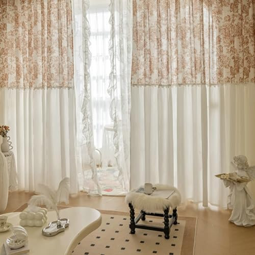 Ayoiow Durchsichtige Gardinen, Küchengardine Mit Ösen, Polyester Baumwolle Vorhänge 2Er Set, Weiß Und Rot, 102X138CM