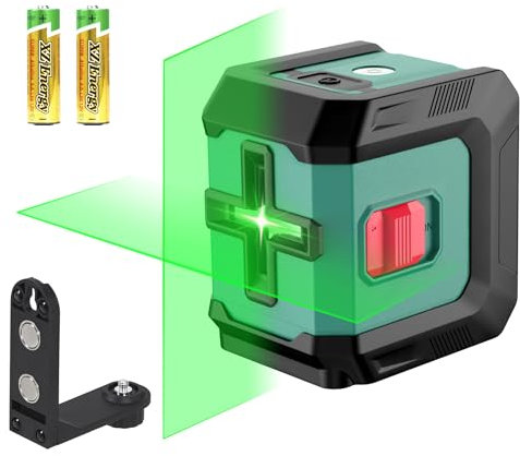HYCHIKA Kreuzlinienlaser Grün, Selbstnivellierend Linienlaser 15M, Laser Wasserwaage 3 Stufen der Helligkeitseinstellung, 2 AA Batterien, Halterung, Innen und Außen Verwendbar, Dekoration, DIY