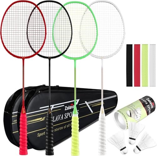 Zalava Badmintonschläger-Set, professionelle Badmintonschläger, leicht, 4 Stück, Kohlefaser, 3 Federbälle, 2 Schutzhüllen, 4 Overgrip, für Anfänger, Fortgeschrittene Spieler (2U/4 Stück, bunt)
