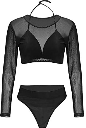 Badeanzug Sexy Pole Dance Outfit Damen Sommer Sexy Mesh Suspender Bikini Briefs Mesh Smock Dreiteiliges Set Sport Bikini Bauchweg (Black, XL)