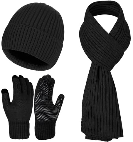 Warmiehomy Men Hat Scarf and Gloves Set Gentlemen,Winter Warm Knitted Beanie Cap Long Scarf Touchscreen Gloves 3 in 1 Set Mens Gift for Outdoor Sports,Black