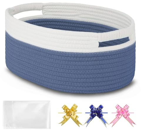 BOSROTY Small Woven Gift Basket with Bag & Ribbons, Folkstone Gray | Cotton Rope, 33x23x14 cm, Ideal for Kids, Women & Men, Bedroom, Living Room, Nursery & Bathroom Storage, Cat & Dog Toy Boxes