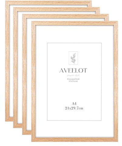 Veelot® 4x Bilderrahmen DIN A4 21x29.7 cm,Natur Holz Eichenholz,Passepartout 15x21cm,Zertifikatsrahmen 21x30cm mit bruchsicherem Acrylglas | Wandmontage oder Tischaufsteller